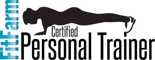 FitFarmin sertifioitu personal trainer -logo, jossa on siluetti, joka tekee punnerrusta.